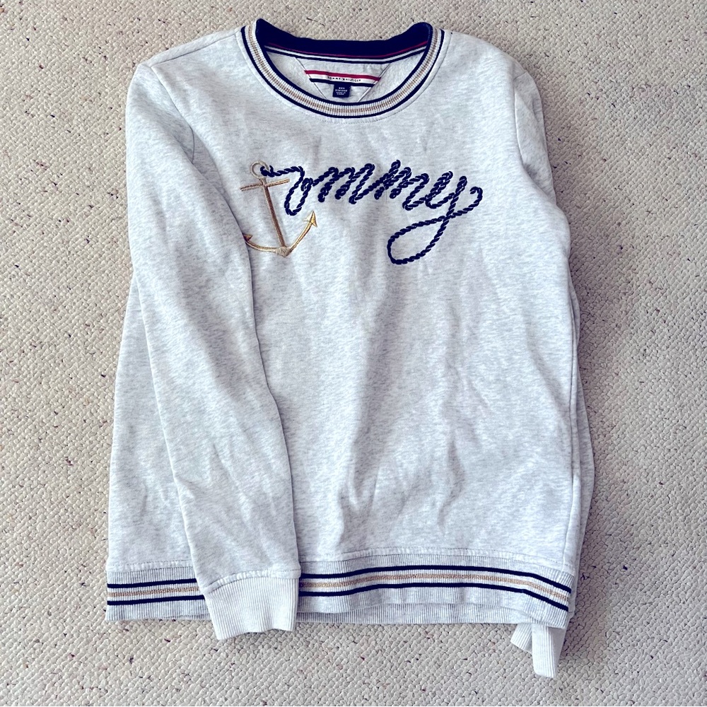 Tommy Hilfiger Light Gray Nautical Sweatshirt with Gold and Navy Details Sz XXS